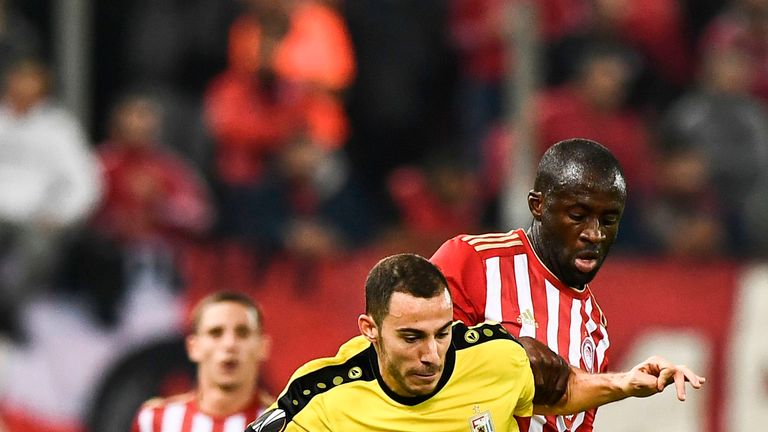 Yaya Toure battles for the ball with Edisson Jordanov during the UEFA Europa League