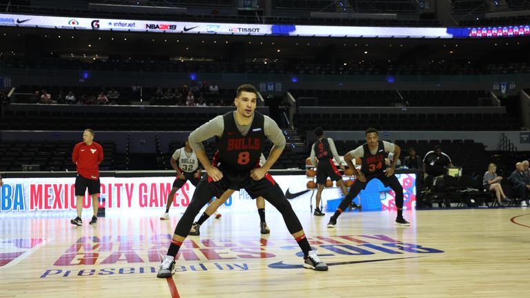 Zach LaVine of the Chicago Bulls stretches during practice ahead of their game against the Orlando Magic in Mexico