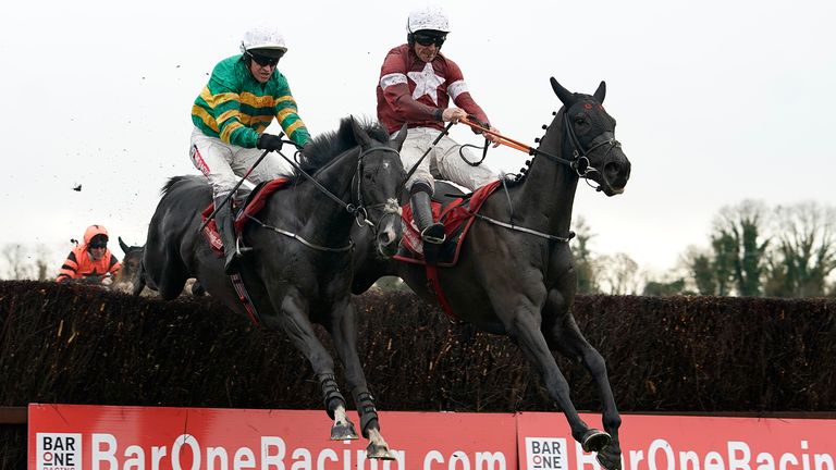 Davy Russell riding Delta Work (right) clear the last to win the baroneracing.com Drinmore Novice Chase from Barry Geraghty and Le Richebourg Racecourse on December 02, 2018 in Ratoath, Ireland. (Photo by Alan Crowhurst/Getty Images)