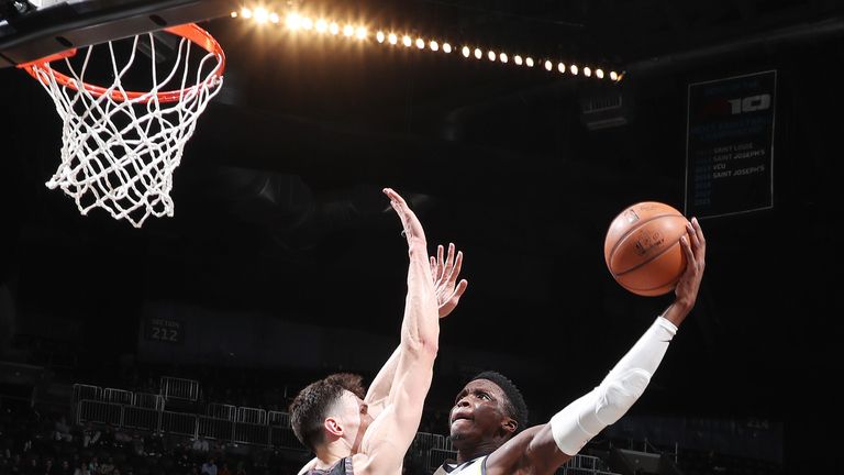 Victor Oladipo goes airborne for a dunk against Brooklyn