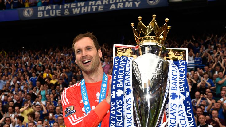 Petr Cech celebrates with the Premier League trophy at Stamford Bridge on May 24, 2015
