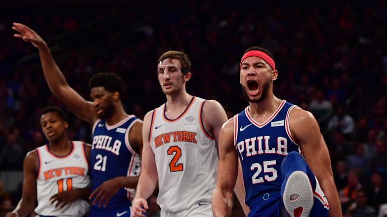Ben Simmons celebrates a basket during Philadelphia's win over New York