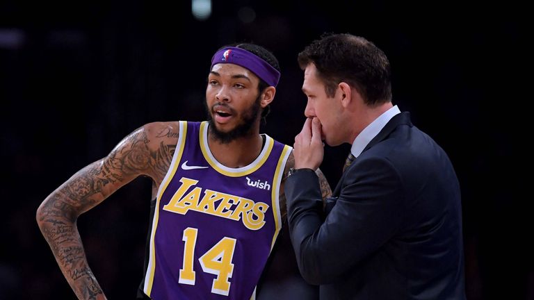 Brandon Ingram speaks to Lakers coach Luke Walton