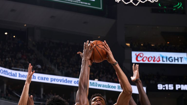 Giannis Antetokpounmpo is crowded out by the Toronto defense