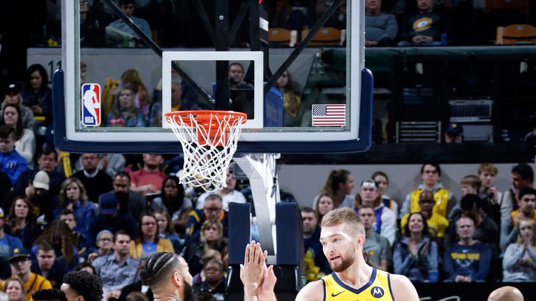 Cory Joseph and Domontas Sabonis celebrate against the Atlanta Hawks