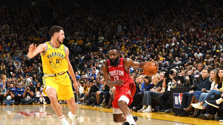 James Harden attacks against the Golden State Warriors