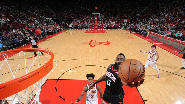 James Harden scores at the rim en route to a triple-double against Cleveland