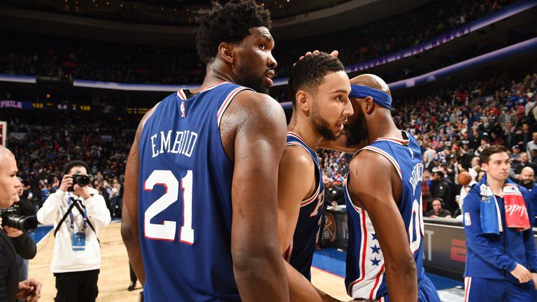 Joel Embiid and Ben Simmons are congratulated by team-mate Corey Brewer after the Sixers edged the Spurs