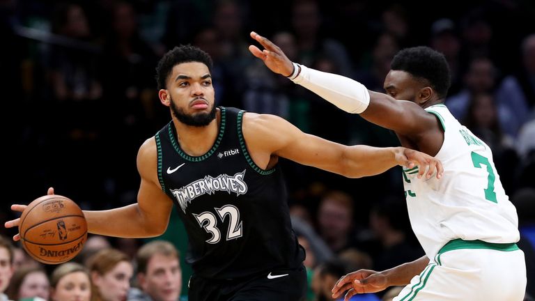 karl-Anthony Towns attacks against the Boston Celtics