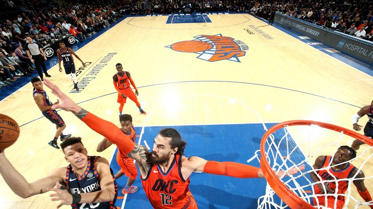 Kevin Knox attempts a shot over Steven Adams