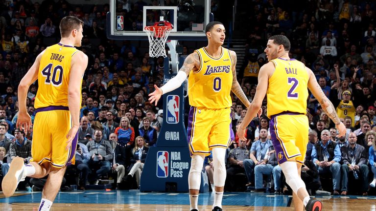 Kyle Kuzma and Lonzo Ball celebrate a basket against the Oklahoma City Thunder