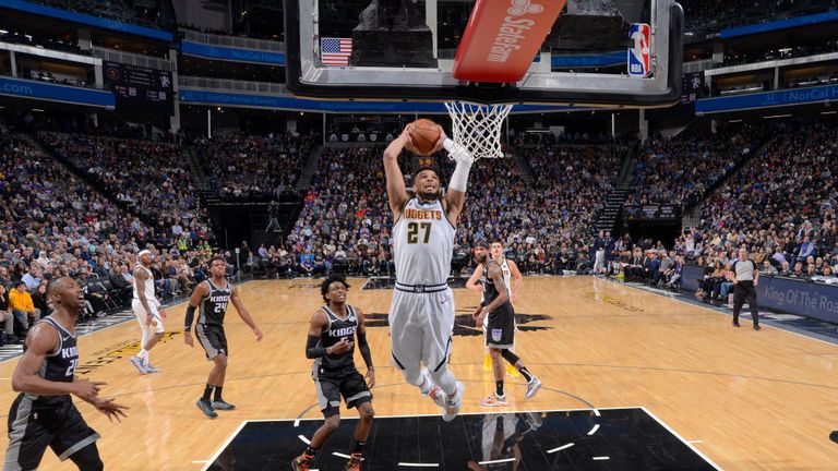 Jamal Murray of the Denver Nuggets dunks against the Sacramento Kings