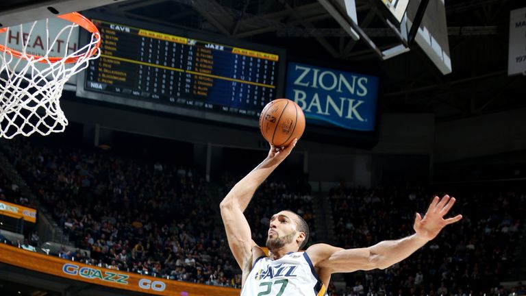 Rudy Gobert dunks during Utah's tour of Cleveland