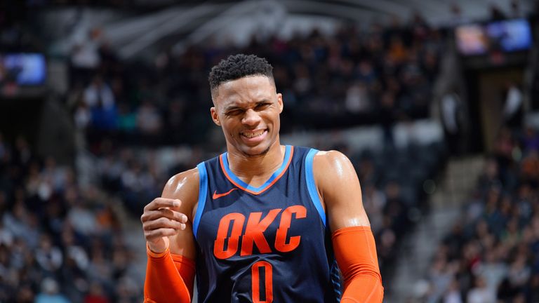 Russell Westbrook celebrates after scoring against the Spurs
