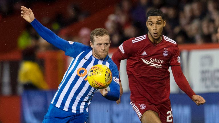 Aberdeen’s Max Lowe and Kilmarnock’s Rory McKenzie battle for the ball