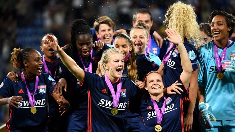 Ada Hegerberg and the Lyon team celebrate their 2018 Champions League success