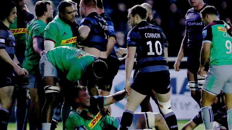 Alex Dombrandt of Harlequins reacts after scoring a try during the Gallagher Premiership Rugby match between Newcastle Falcons and Harlequins at Kingston Park on January 5, 2019 in Newcastle upon Tyne, United Kingdom.