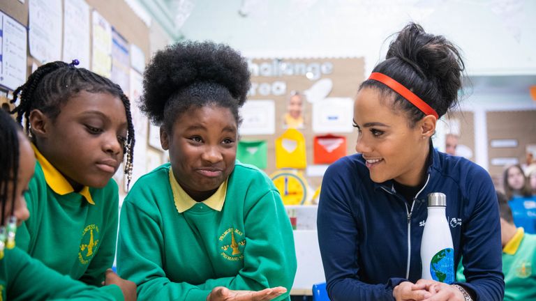 EDITORIAL USE ONLY.Former England footballer Alex Scott meets Angel and Tianna, from year 6, as she launches the Plastic Pollution Challenge with Sky Ocean Rescue and the Premier League, which aims to inspire primary schools to go single-use plastic free, at Princess May School in Hackney, London. PRESS ASSOCIATION Photo. Picture date: Thursday January 10, 2018. Photo credit should read: Matt Crossick/PA Wire      