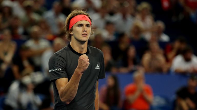 Alexander Zverev of Germany celebrates a point in the mixed doubles match against Belinda Bencic and Roger Federer of Switzerland during day eight of the 2019 Hopman Cup at RAC Arena on January 05, 2019 in Perth, Australia