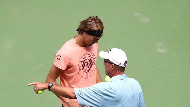 Alexander Zverev of Germany with coach Ivan Lendl during previews for the US Open at USTA Billie Jean King National Tennis Center on August 26, 2018 in the Flushig Neighborhood of Queens borough of New York City