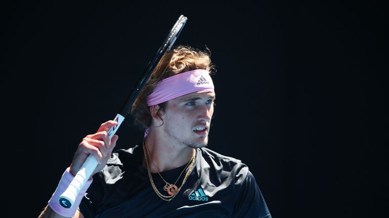 Alexander Zverev of Germany looks on in his fourth round match against Milos Raonic of Canada during day eight of the 2019 Australian Open at Melbourne Park on January 21, 2019 in Melbourne, Australia.