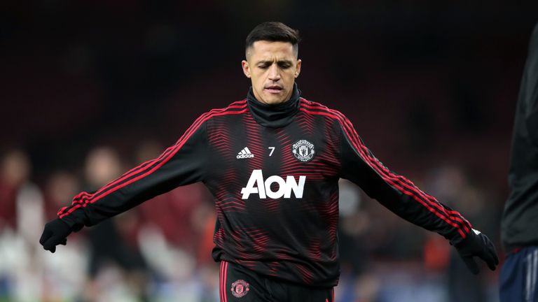 Manchester United's Alexis Sanchez warms up before the FA Cup, Fourth Round match at the Emirates Stadium, London