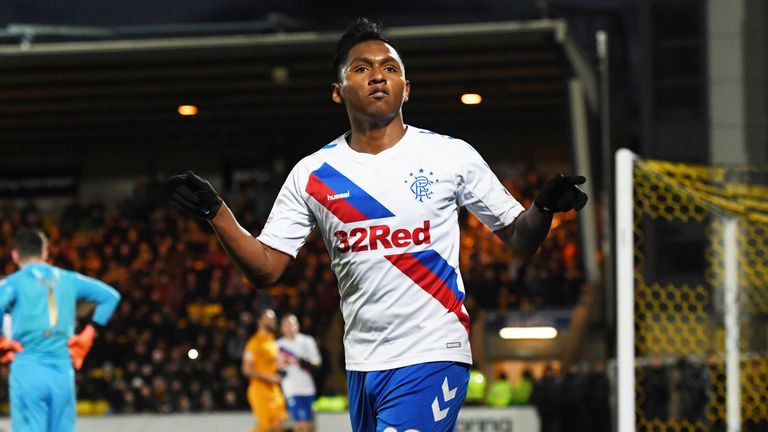 Alfredo Morelos celebrates after scoring Rangers&#39; third goal against Livingston