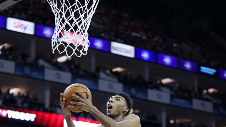 Allonzo Trier of the New York Knicks goes to the basket against the Washington Wizards 