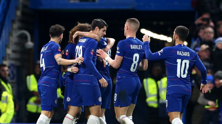 Chelsea celebrate Alvaro Morata's opener
