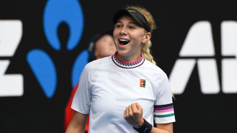 Amanda Anisimova of the US reacts after a point against Belarus' Aryna Sabalenka during their women's singles match on day five of the Australian Open tennis tournament in Melbourne on January 18, 2019