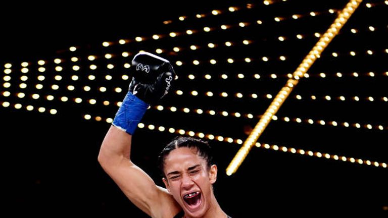 Amanda Serrano of the United States reacts after her victory over Eva Voraberger of Austria during their WBO women's junior bantamweight title fight at The Hulu Theater at Madison Square Garden on January 18, 2019 in New York City.