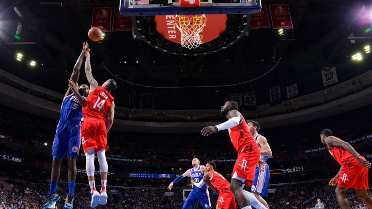 Amir Johnson of the Philadelphia 76ers shoots the ball against the Houston Rockets