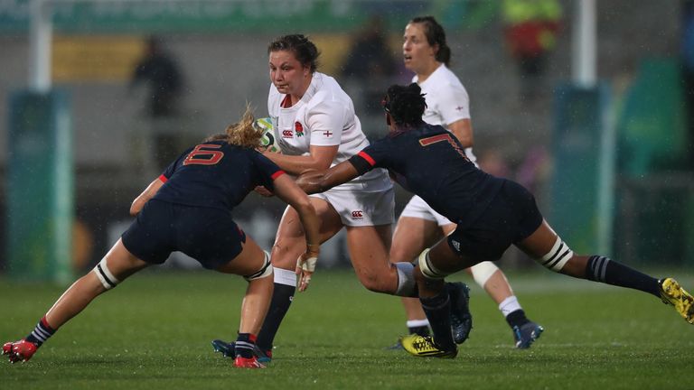 Amy Cokayne on the charge for England