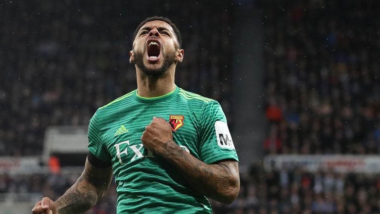 Andre Gray of Watford celebrates after scoring his team's first goal during the FA Cup Fourth Round match between Newcastle United and Watford at St James' Park on January 26, 2019 in Newcastle upon Tyne, United Kingdom
