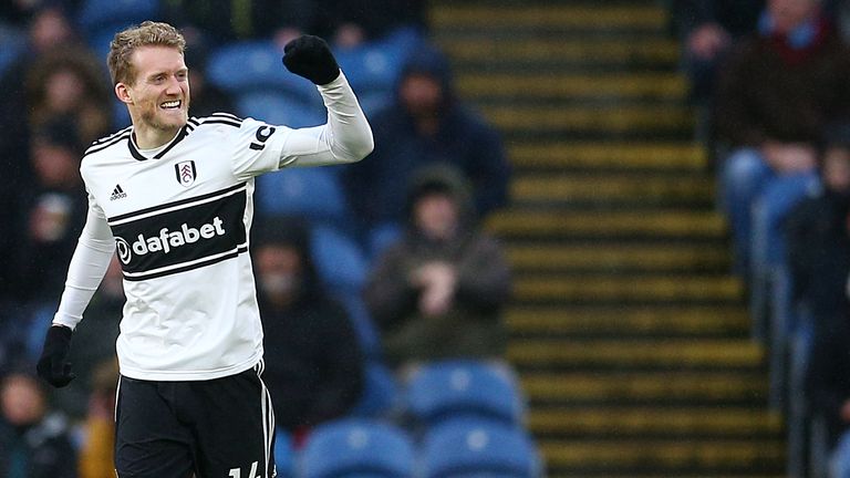 Fulham's Andre Schurrle celebrates scoring his side's first goal of the game