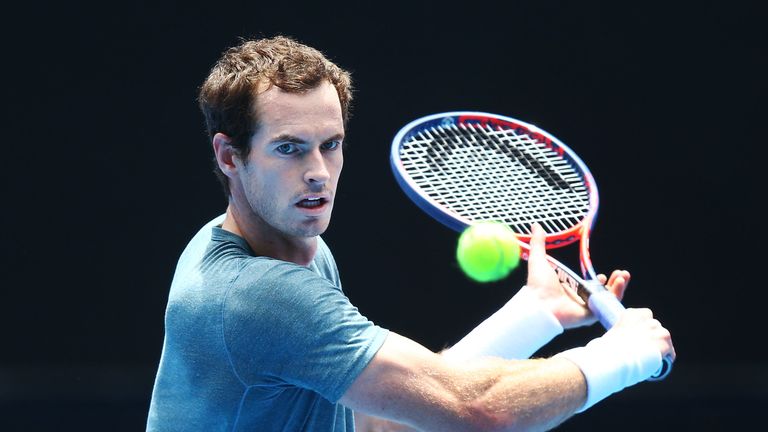 Andy Murray of Great Britain volleys in his practice match against Novak Djokovic of Serbia ahead of the 2019 Australian Open at Melbourne Park on January 10, 2019 in Melbourne, Australia
