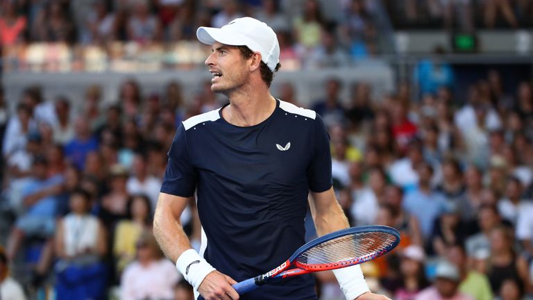 Andy Murray of Great Britain reacts in his first round match against Roberto Bautista Agut of Spain during day one of the 2019 Australian Open at Melbourne Park on January 14, 2019 in Melbourne, Australia. 