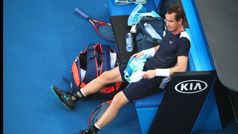 Andy Murray of Great Britain reacts in between games in his first round match against Roberto Bautista Agut of Spain during day one of the 2019 Australian Open at Melbourne Park on January 14, 2019 in Melbourne, Australia.