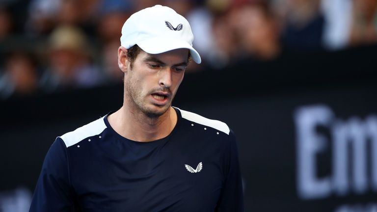 Andy Murray of Great Britain reacts in his first round match against Roberto Bautista Agut of Spain during day one of the 2019 Australian Open at Melbourne Park on January 14, 2019 in Melbourne, Australia
