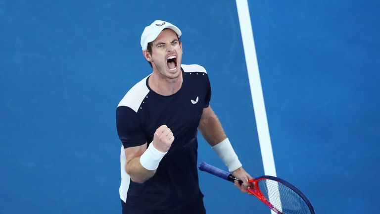 Andy Murray of Great Britain celebrates winning the third set in his first round match against Roberto Bautista Agut of Spain during day one of the 2019 Australian Open at Melbourne Park on January 14, 2019 in Melbourne, Australia. 