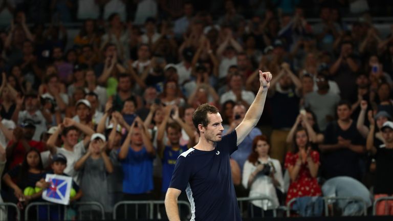 Andy Murray of Great Britain thanks the crowd after losing his first round match against Roberto Bautista Agut of Spain during day one of the 2019 Australian Open at Melbourne Park on January 14, 2019 in Melbourne, Australia. 