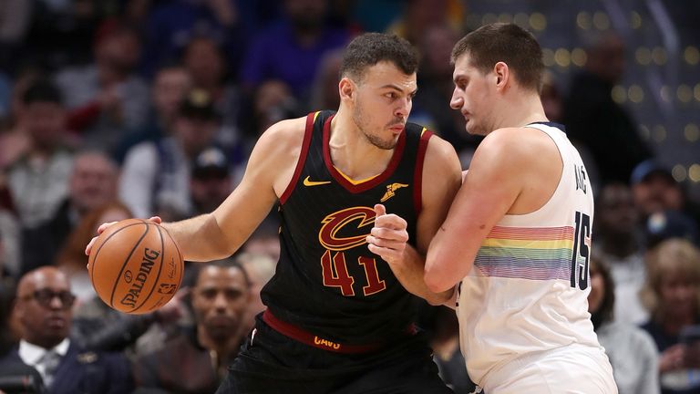 Ante Zizic #41 of the Cleveland Cavaliers is guarded by Nikola Jokic #15 of the Denver Nuggets in the first period at the Pepsi Center on January 19, 2019 in Denver, Colorado.