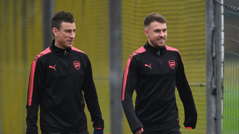 Aaron Ramsey and Laurent Koscielny at Emirates Stadium on April 11, 2018 in London, England.