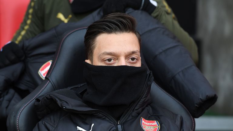 Arsenal substitute Mesut Ozil before the Premier League match between Southampton and Arsenal at St Mary's Stadium on December 16, 2018