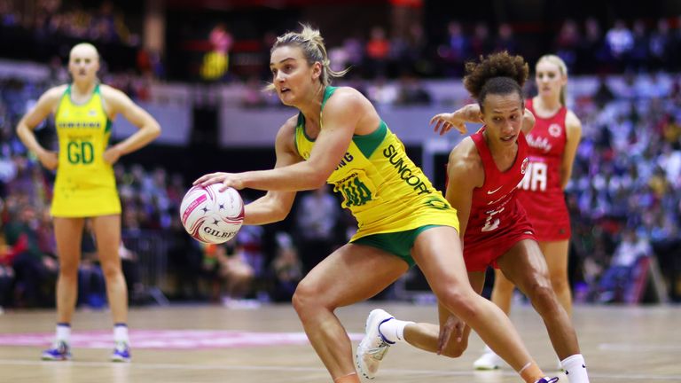 Elizabeth Watson of Australia in action during the Vitality Netball International Series match between England Vitality Roses and Australian Diamonds, as part of the Netball Quad Series at Copper Box Arena on January 20, 2019 in London, England