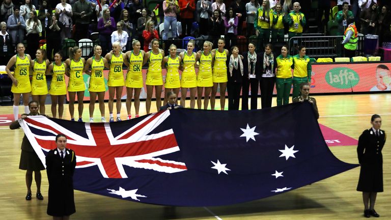 The Australian Diamonds before their match against New Zealand in the 2019 Netball Quad Series in London