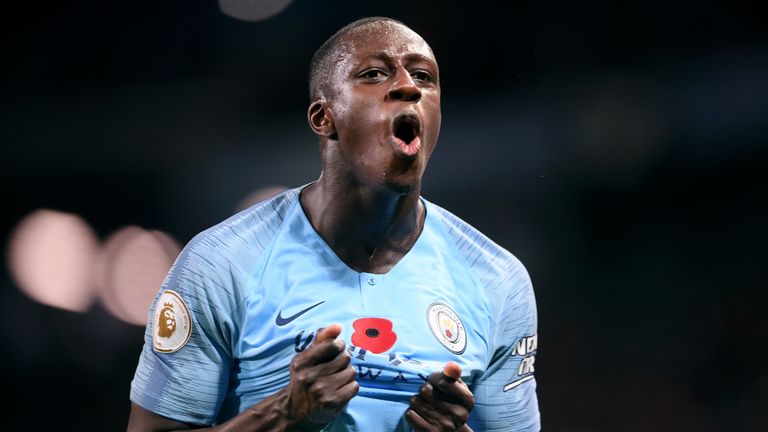 Benjamin Mendy celebrates Man City's win over Man United in November