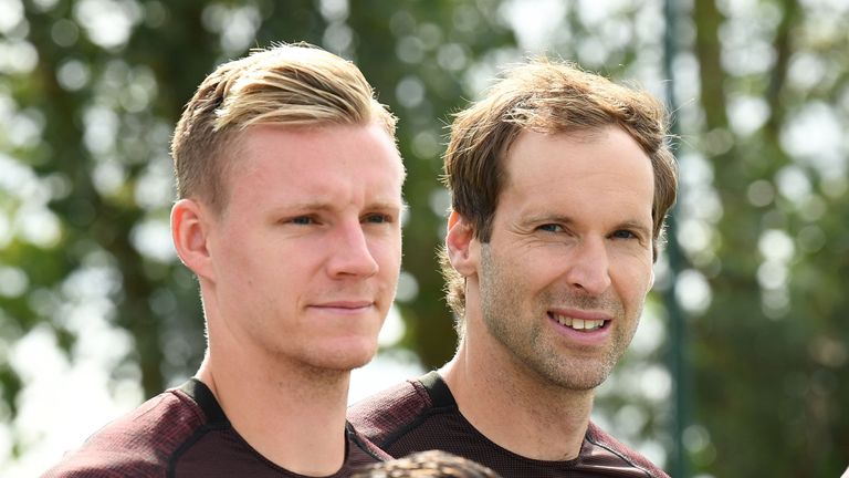 Bernd Leno and Petr Cech during the first team squad photo at London Colney on September 18, 2018