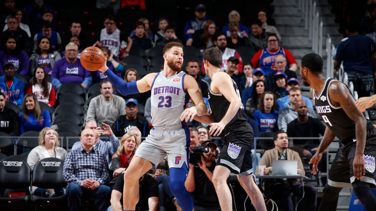 Blake Griffin #23 of the Detroit Pistons handles the ball against the Sacramento Kings on January 19, 2019 at Little Caesars Arena in Detroit, Michigan.