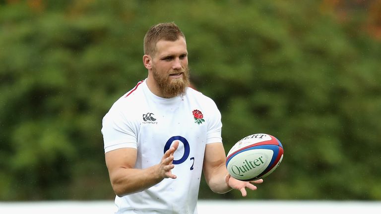 Brad Shields catches the ball during the England captain&#39;s run at Pennyhill Park on November 9, 2018 in Bagshot, England.